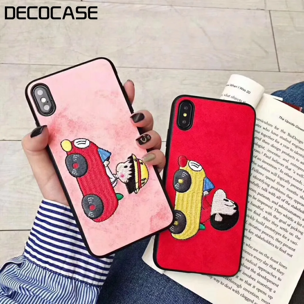 DECOCASE Cute PU Leather Pink Red Japan Anime Embroidery Women Couple Phone Cases for iPhone 6 6s 7 8 Plus X XR XS Max |