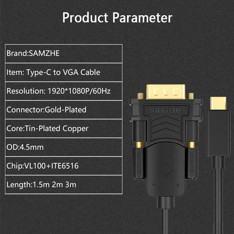 SAMZHE Тип C к VGA кабель папа мужчине адаптер конвертер для Macbook Google Chromebook Pixel|cable male|to