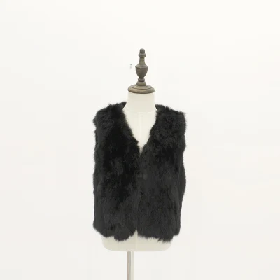 Black B Детский жилет для девочек, жилет с кроличьим мехом, Короткая Талия для девочек, детская одежда с натуральным мехом, однотонный меховой жилет, черный, бежевый - Цвет: Black B