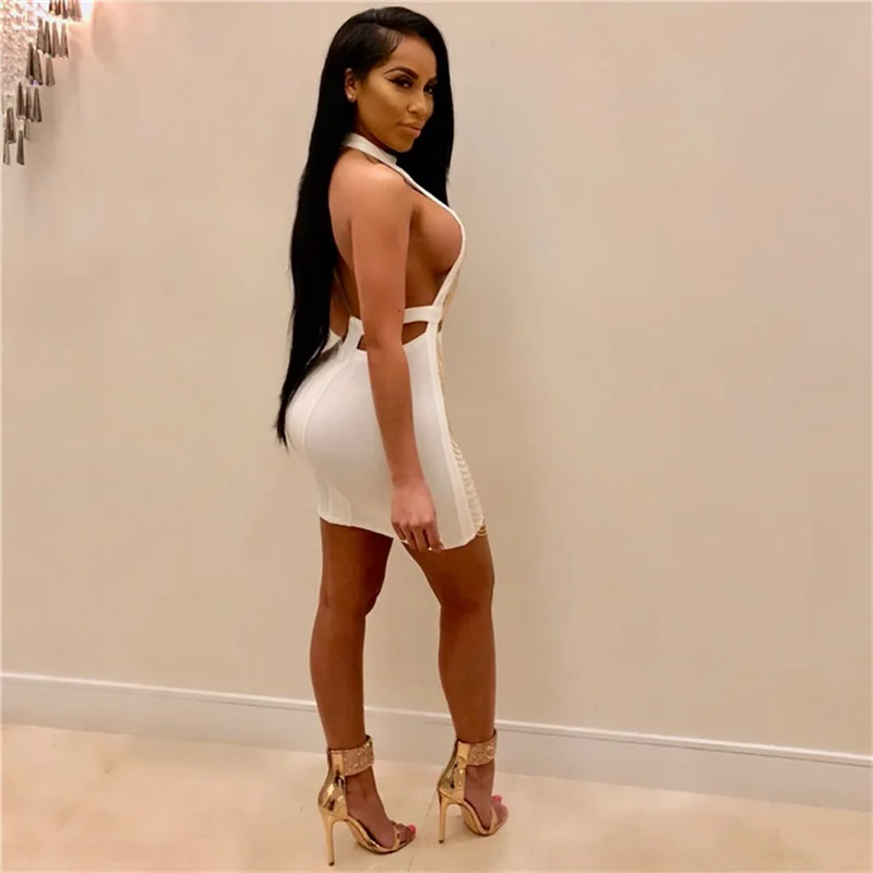 2018New Бандажное платье Vestidos Verano летнее платье с цепочкой, сексуальный короткий держатель, облегающее Клубное платье, вечерние платья без рукавов с открытой спиной