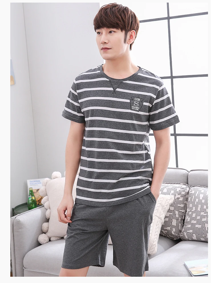 2019 Hot Summer Short Sleeve Cotton Pajama Sets for Men Casual Striped Sleepwear Male Lounge Home Clothes