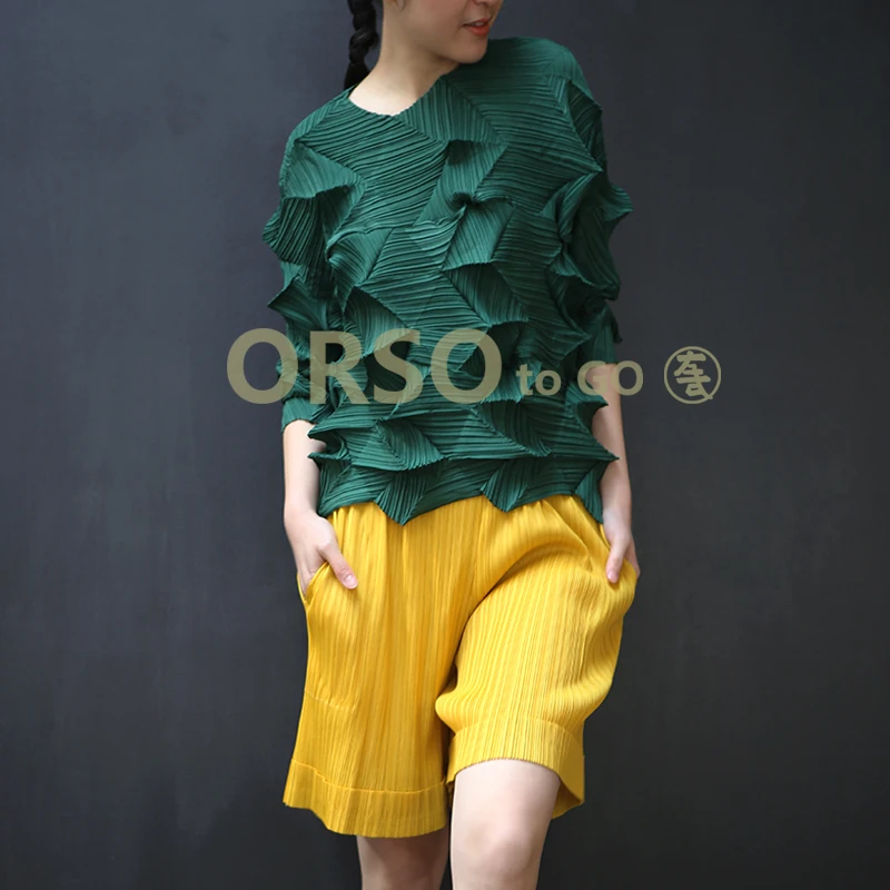 Dark green Changpleat летние новые женские свободные футболки Топы Miyak плиссированные модные однотонные 3/4 рукав Большие размеры женская футболка Tide T9880 - Цвет: Dark green