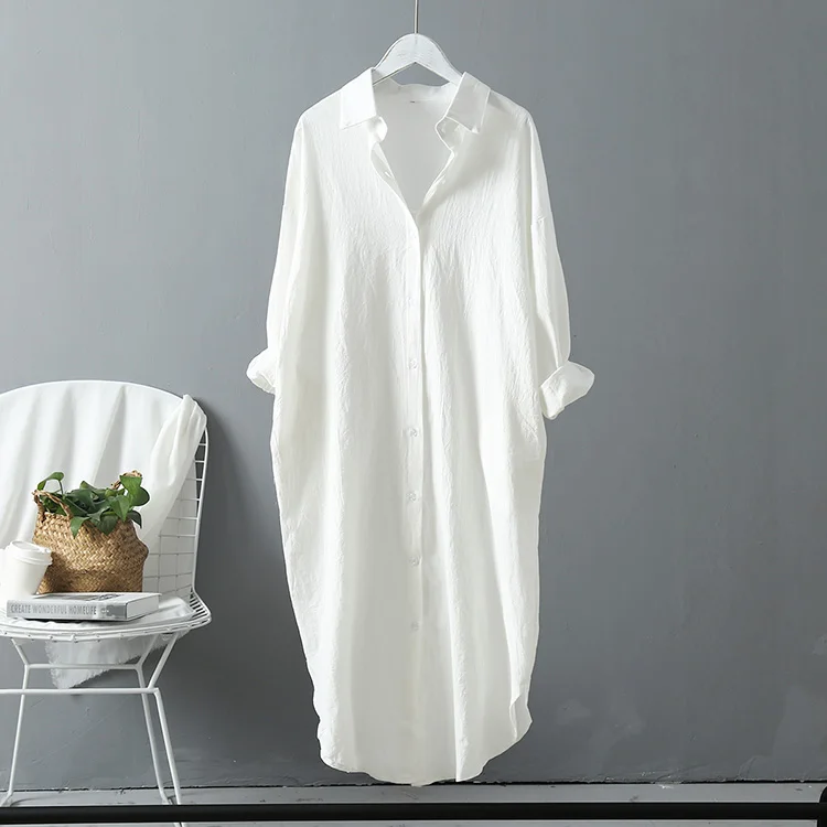 White Long Blouse Новое поступление, Женская однотонная хлопковая белая блузка большого размера с рукавами «летучая мышь» и карманами, длинная рубашка с отложным воротником, повседневный Топ T96604F - Цвет: White Long Blouse