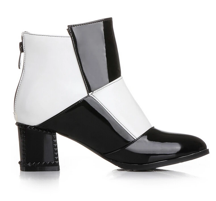 Ботильоны женские из лакированной кожи высокий толстый каблук заостренный носок