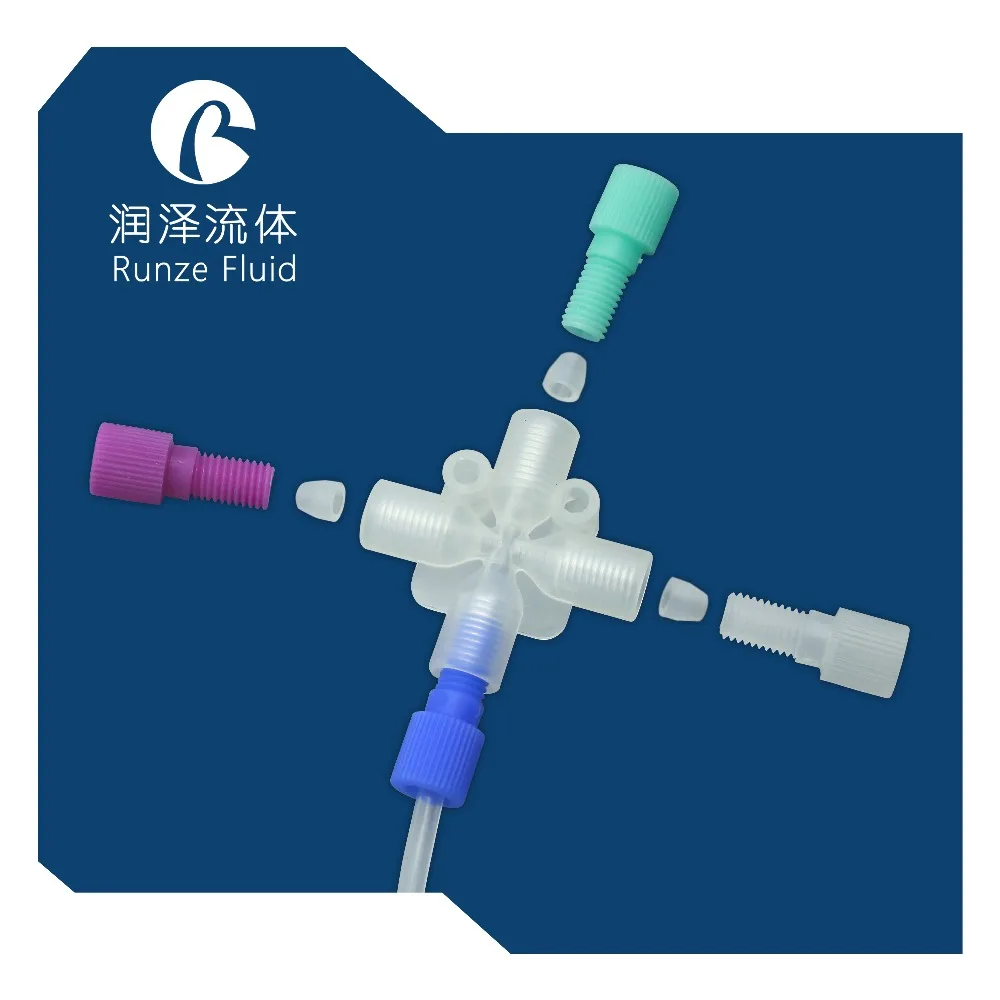 PP PTFE женский 1/4-28UNF 4-полосный перекрестный соединитель трубопровода Chemicasl