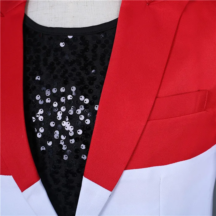 Red-White Stitching Blazers Set One Button Slim Fit Tuxedo Suit Men's Wedding Groomsmen Dress Singer Group Performance Costumes