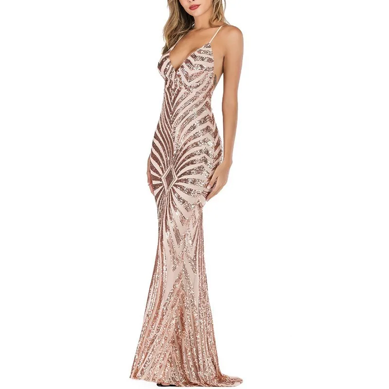 Длинное розовое Золотое платье с блестками женские сексуальные макси платья