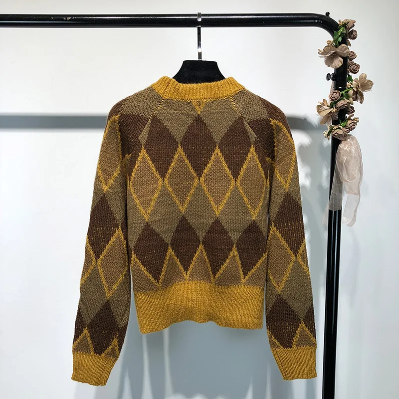Vintage Winter Patchwork Color Argyle Pullover Sweater Warm Wool Long Sleeve Women O-Neck Knitted Short | Женская одежда