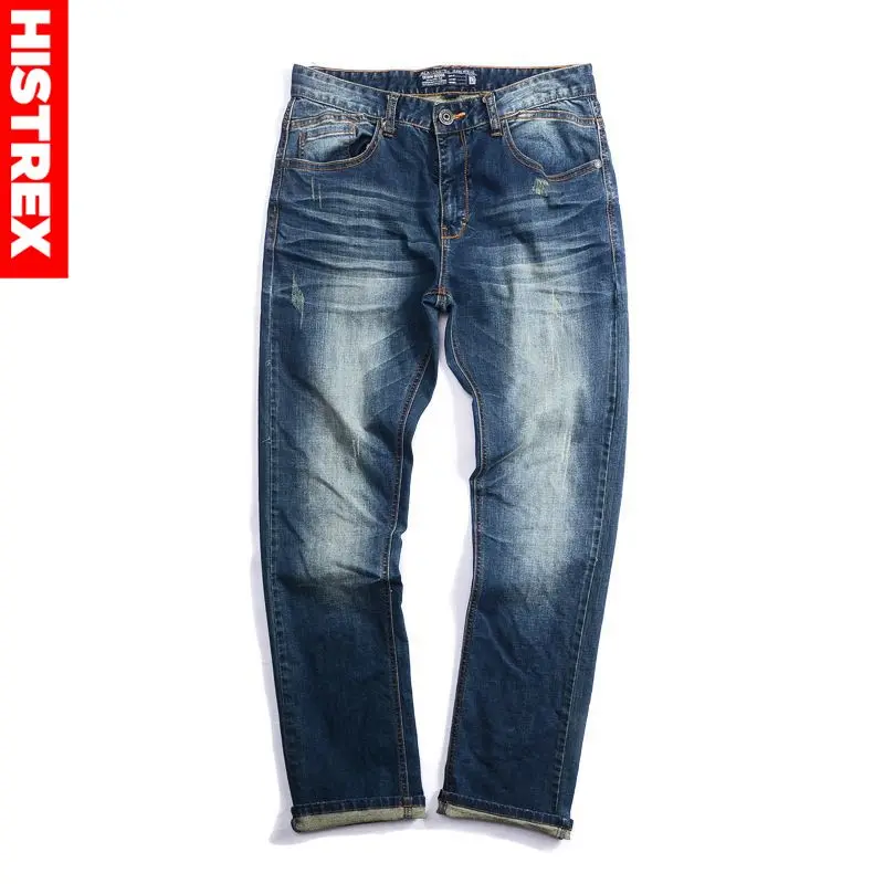Мужские джинсы HISTREX классические прямые синего цвета в стиле ретро 100% хлопок # HJF5J
