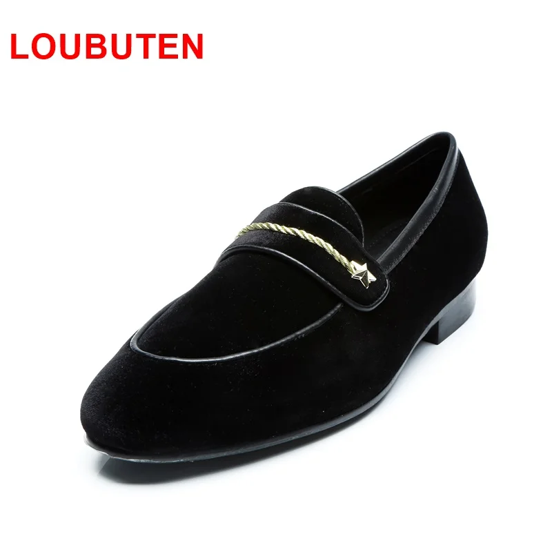 LOUBUTEN Black Velvet Loafers Italian Slip-on Men Dress Shoes Handmade Round Toe Smoking Slippers Men's Party And Prom | Обувь