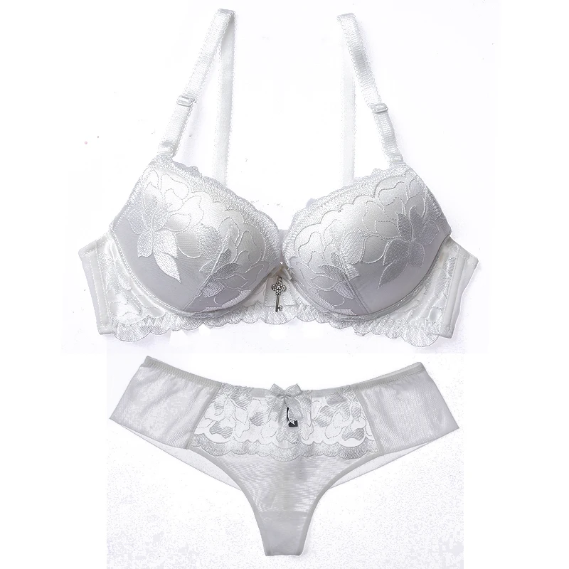 WHITE Set Lilymoda, бюстгальтер пуш-ап, для женщин, Цветочная кружевная вышивка, комплекты нижнего белья, сексуальное женское белье, Т-образная спина, бесшовный Женский бюстгальтер, трусики - Цвет: WHITE Set