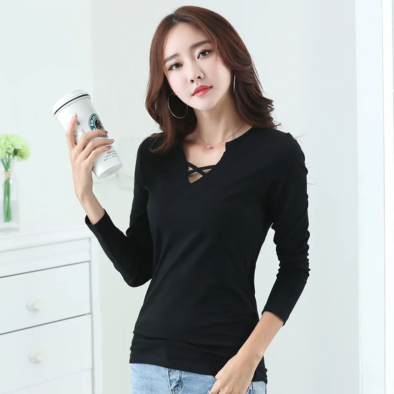 2017 Тонкая Повседневная стильная футболка с v-образным вырезом женские топы