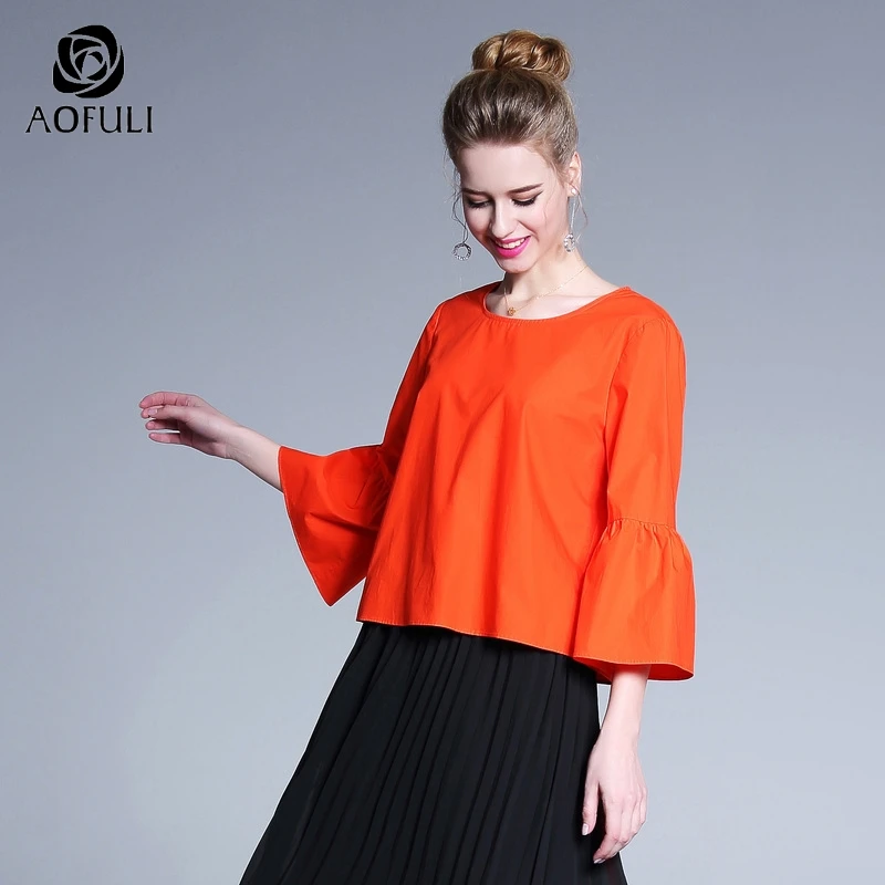Женские блузки с расклешенными рукавами AOFULI S ~ 4XL оранжевые рукавом 3/4 хлопковые