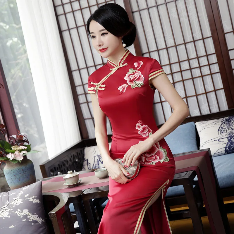 Темно красный новый Mxai Cheongsam винтажный китайский стиль длинное вечернее платье