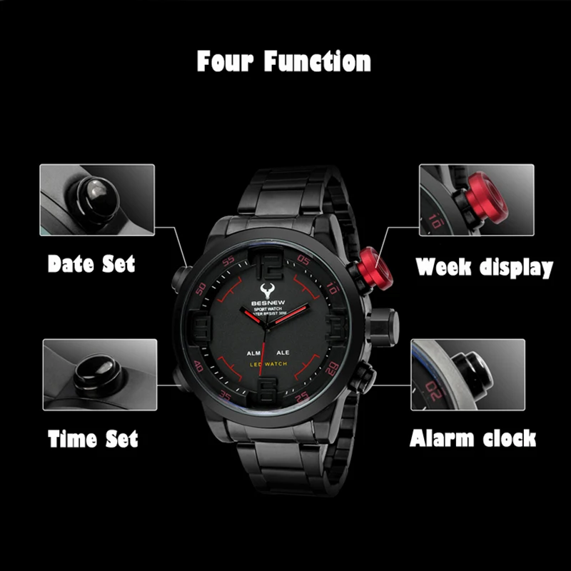 BESTNEW Цифровой СВЕТОДИОДНЫЕ часы Люксовый Бренд Полный стали Кварцевые мужская