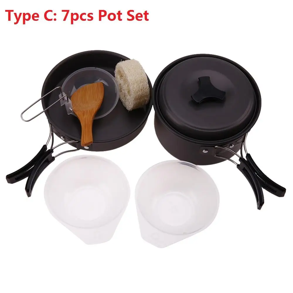 Type C 7pcs Pot Set Портативная походная посуда, миска, горшок, ложка для охоты, кемпинга, пешего туризма, походная посуда, инструменты для пикника, kamp tencere seti - Цвет: Type C 7pcs Pot Set