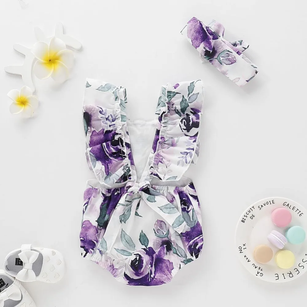 Летняя одежда для новорожденных девочек Детский комбинезон с повязкой на голову