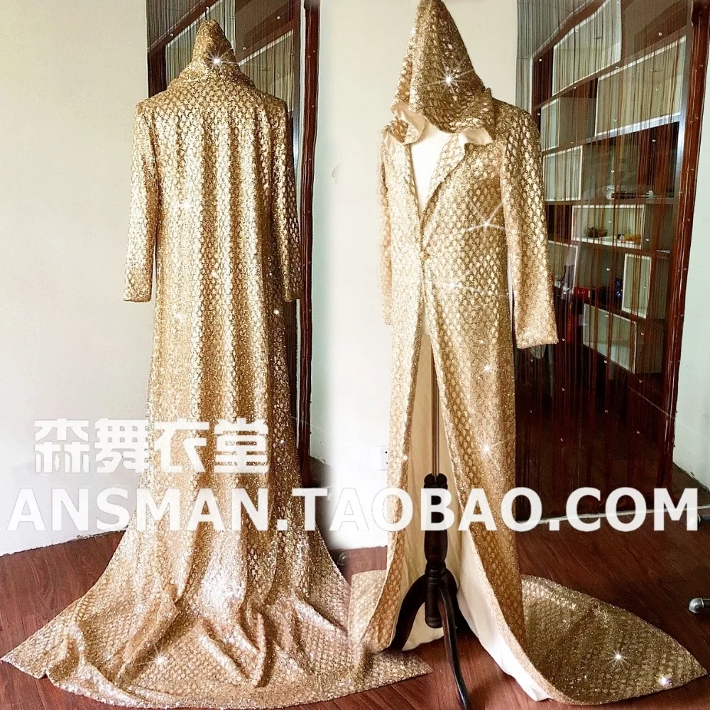 

Fashion Original designed Novelty Long Golden Shining Cloak jacket costumes NightClub Male singer DJ Party show stage wear