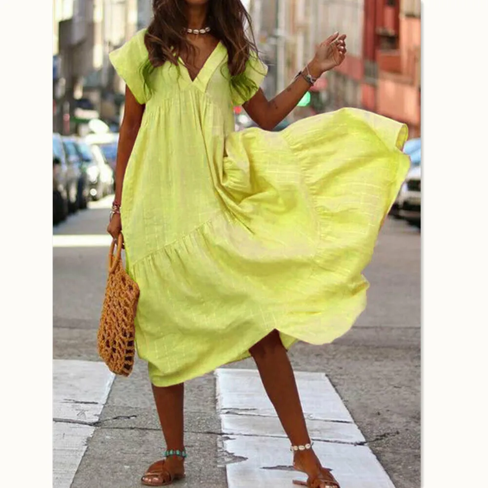 Женское свободное платье Макси Boho повседневное однотонное длинное с v образным