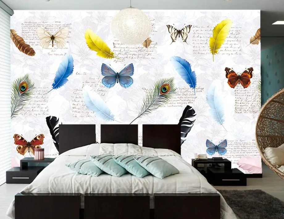 Настенные 3D-обои с красочными перьями бабочками английскими американскими