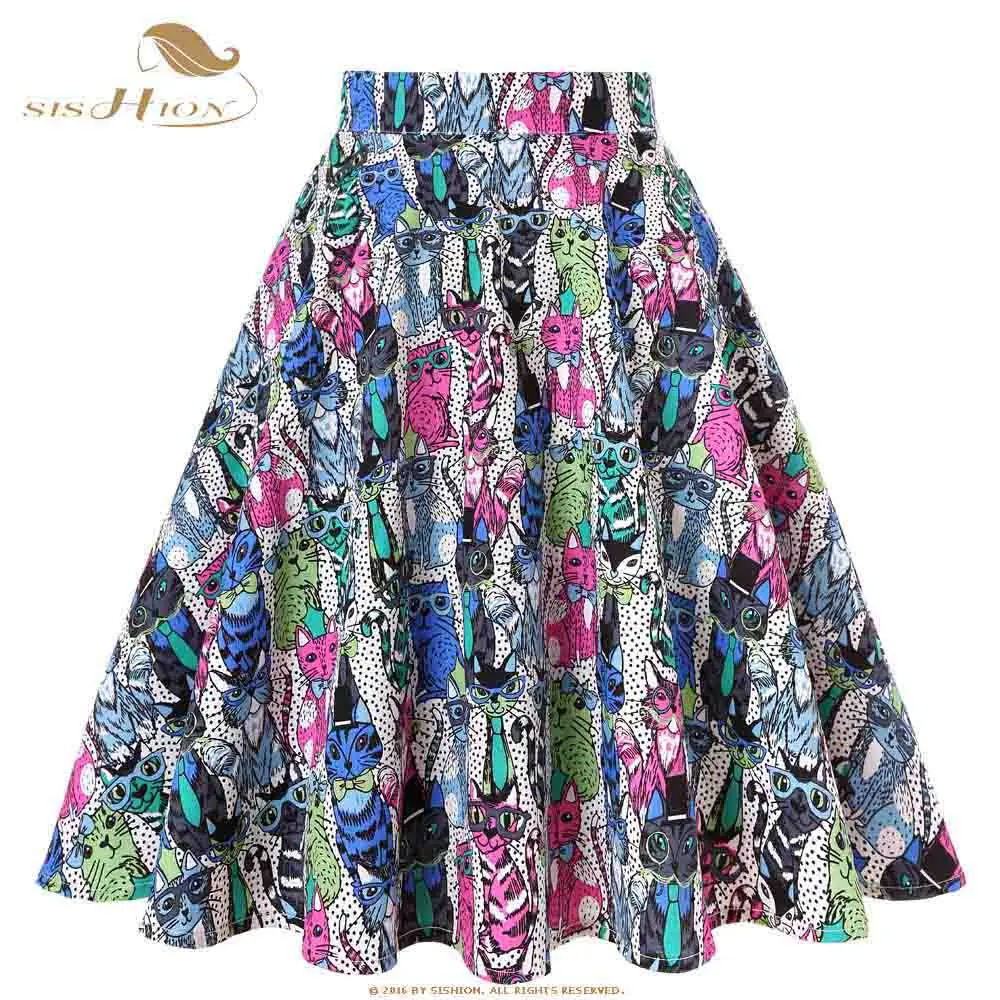 Colorful Cats SISHION новая хлопковая женская летняя юбка с разноцветными котами размера плюс VD0020 хлопковая юбка-пачка в горошек, винтажная юбка с высокой талией - Цвет: Colorful Cats