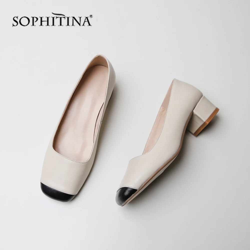 SOPHITINA/Новинки 2019г.; Модные женские туфли-лодочки бежевого и черного цвета, классические туфли на среднем квадратном каблуке; Лидер продаж; Новые летние туфли-лодочки с квадратным носком без застежки; Обувь SO138