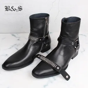 Black& Street Genuine Leather Buckle Strap Wyatt Chelsea Boots High Top Slim New Leather Boots with Two Belts