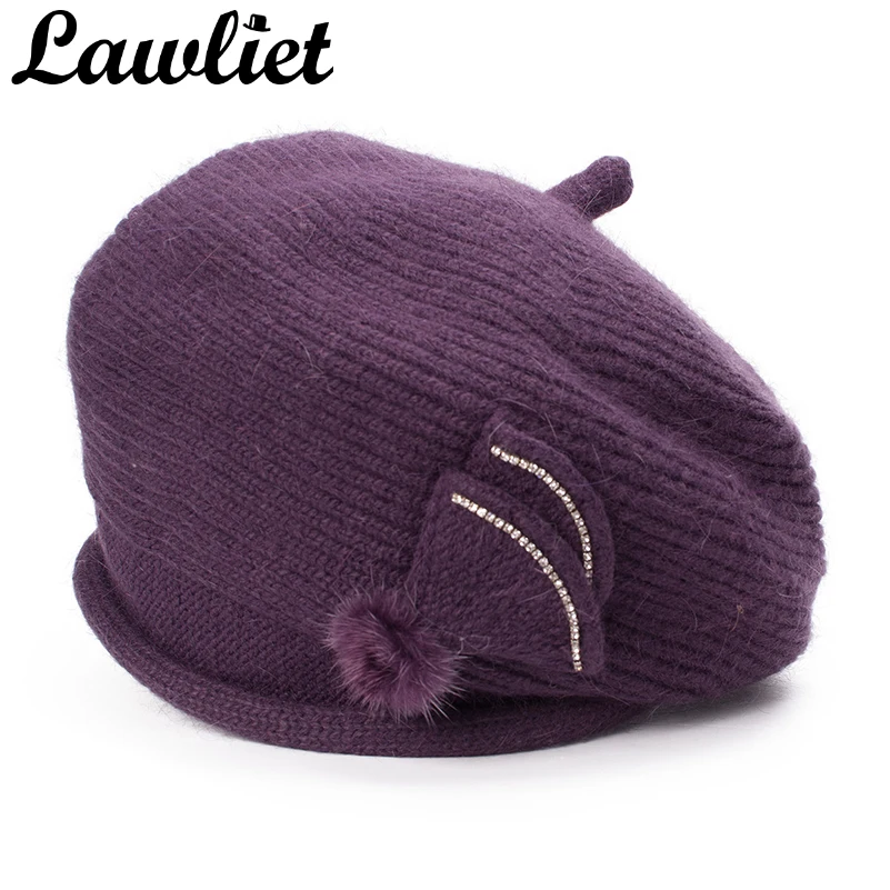 Lawliet, женская шапка, Зимний берет, мех кролика, дамские шапочки, листья, бриллианты, украшение, вязаная шапка для женщин, флисовая шапка, милый берет, шапка