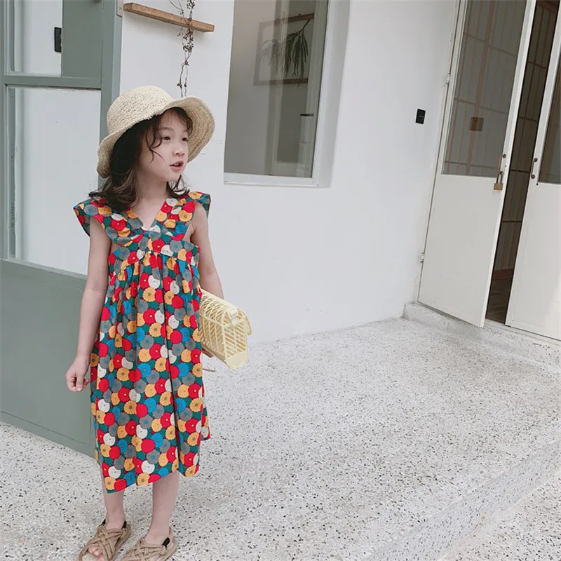 Летнее милое платье для маленьких девочек с белыми цветами черное оборками на