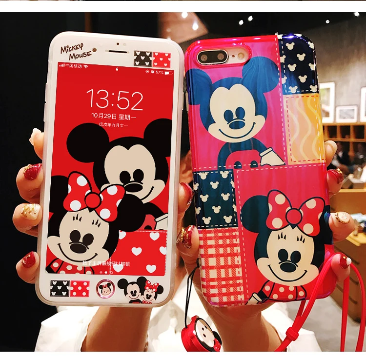 New mouse animal case for iPhone 8/7 plus cute blue ray cover 6 6s &amp tempered glass front film cartoon girl gift |