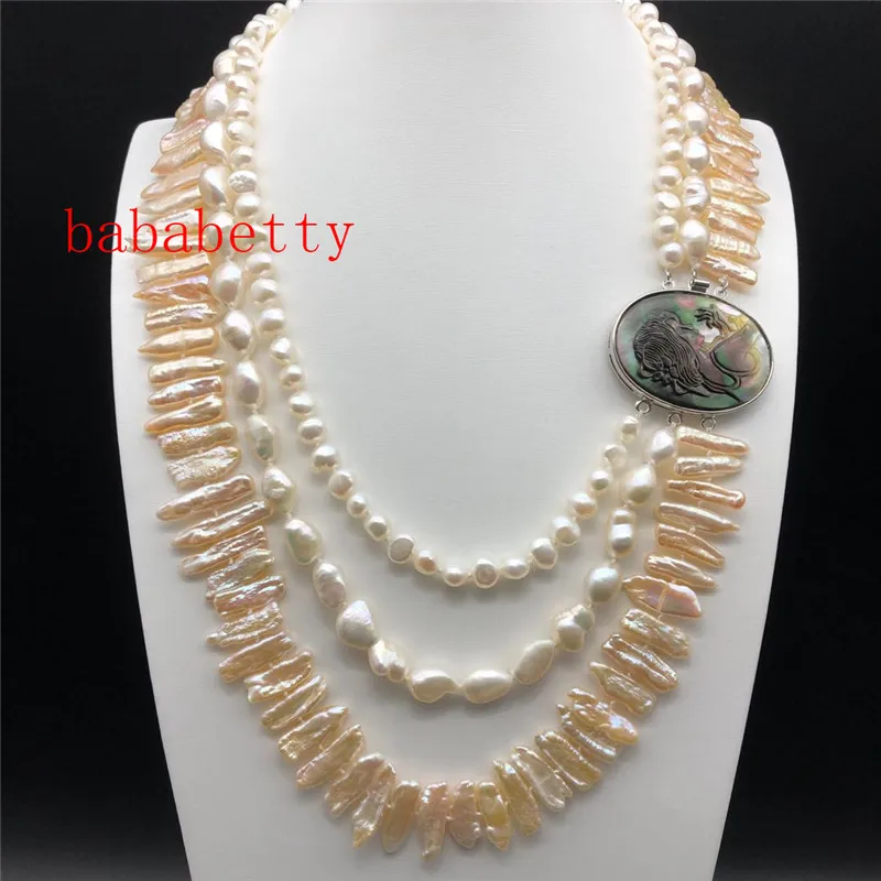 

New natural freshwater white 7-10MM baroque pearl pink lute pearl Queen shell claps necklace 20inches