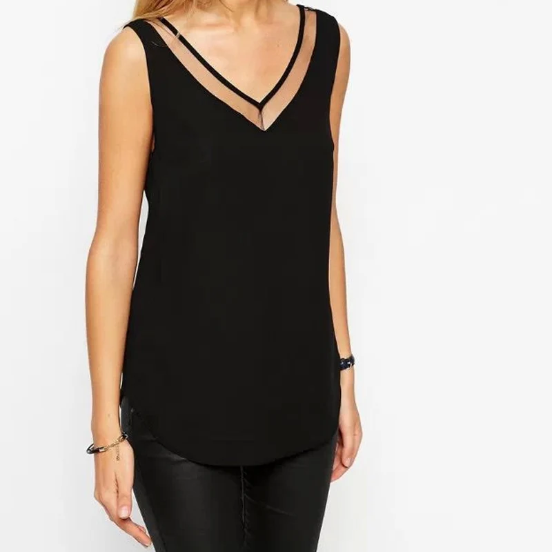 Женская блузка без рукавов летняя повседневная с треугольным вырезом|sleeveless