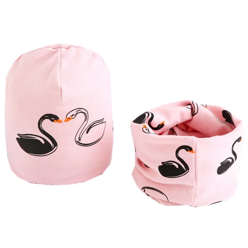 pink swan hat scarf Новая весенне-Осенняя шапка для девочек, шарф, комплект с рисунком совы, звезды, лебедя, шапка для маленьких мальчиков и девочек, детская шляпа, шарф-воротник, комплект хлопковой детской шапки - Цвет: pink swan hat scarf