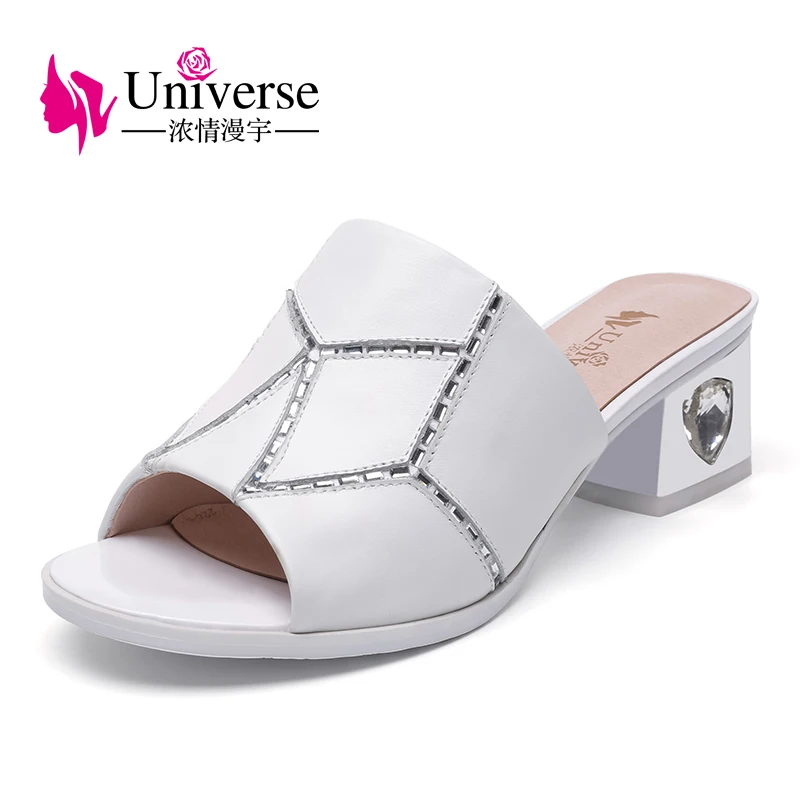 Вселенная женские тапочки Натуральная кожа Обувь летние шлепанцы квадратный
