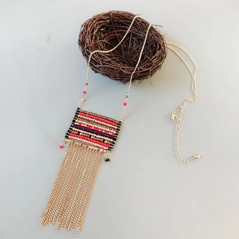 

Fashion Mixed Color Beaded Long Pendant Tassel Chain Necklace