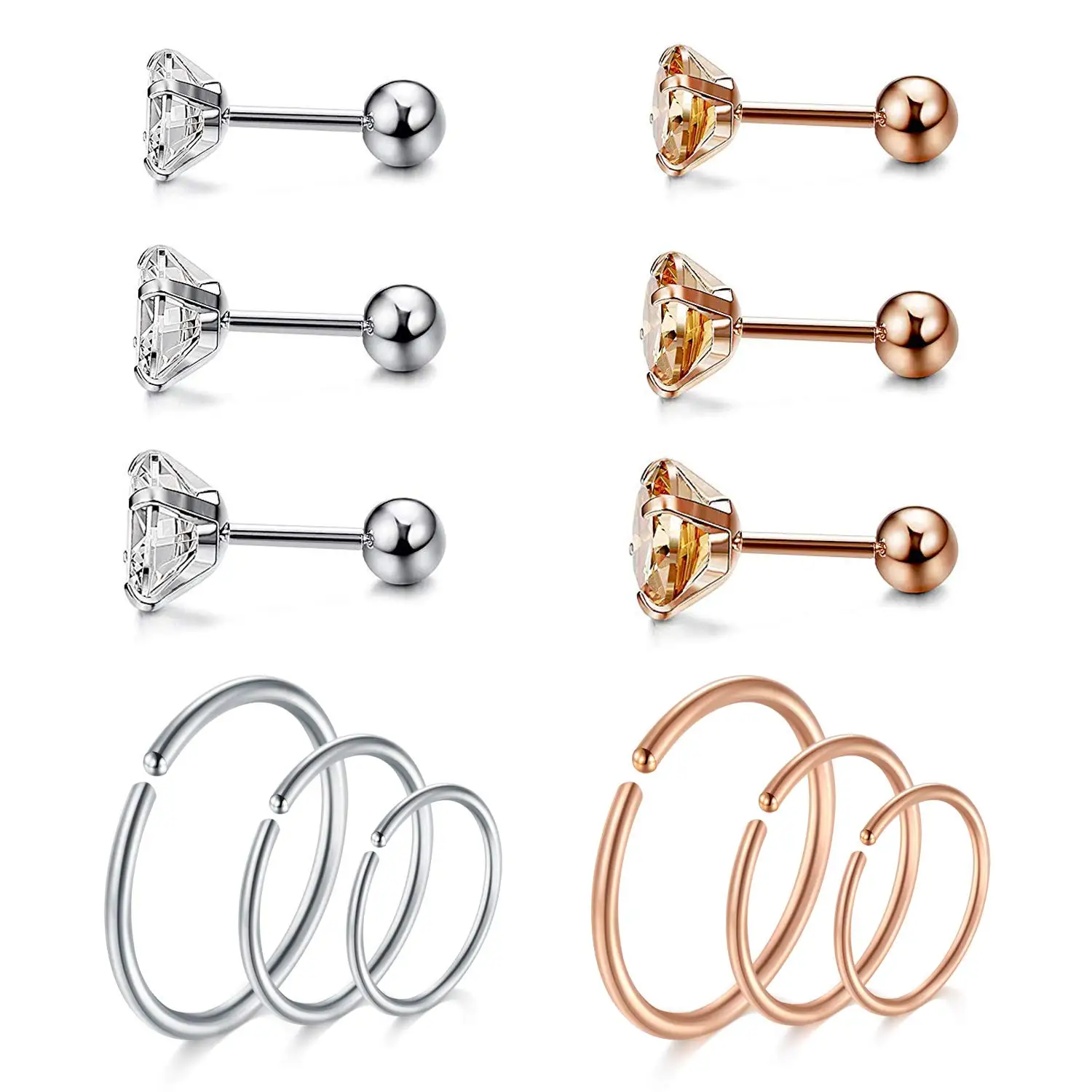 

JFORYOU 12 PCS Cartilage Ring Ear Stud Helix Tragus Earrings Piercings Surgical Steel CZ Top 3-5mm, 6-10 mm Inner Diameter for R