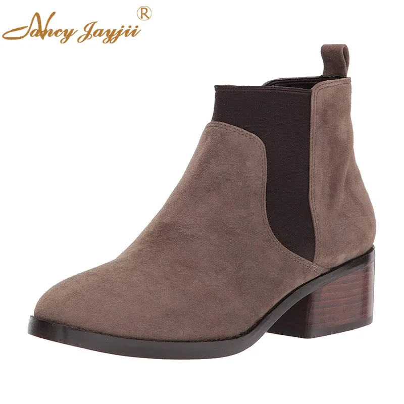 

Nancyjayjii Grey Flock Women’S Chelsea Ankle Boots Round Toe High Block Chunky Heels Female Winter Short Booties Shoes 34-46