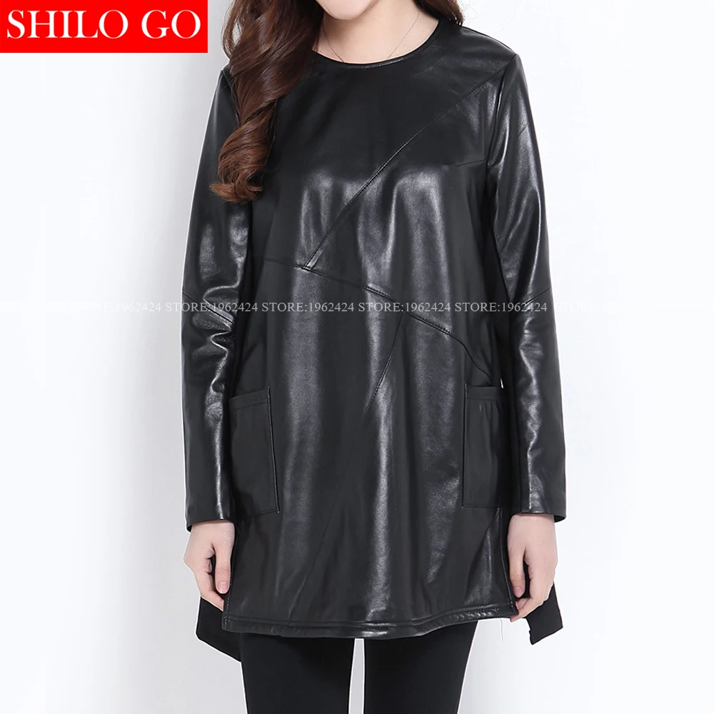 Женское платье большого размера Черное длинное из натуральной овчины с о-вырезом