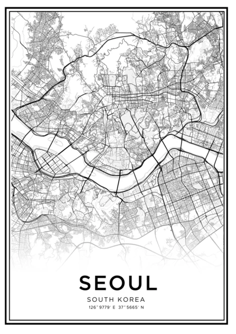 SEOUL MAP Широта Долгота Сеульский город Карта принты Южная Корея Путешествия стены Художественные полотна картины черно-белый плакат картинки домашний декор - Цвет: SEOUL MAP
