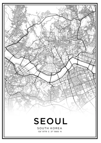 Широтная долгота Сеул Карта города принты Южная Корея путешествия настенное искусство холст картины черно-белый постер картины Домашний декор