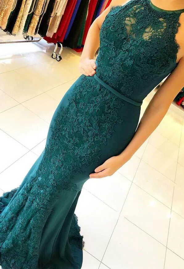 

Classical Halter Sleeveless Mermaid Evening Dress Floor-Length Prom Gown Lace V-neck Flowers Dubai Prom Dress Formal Party Gown