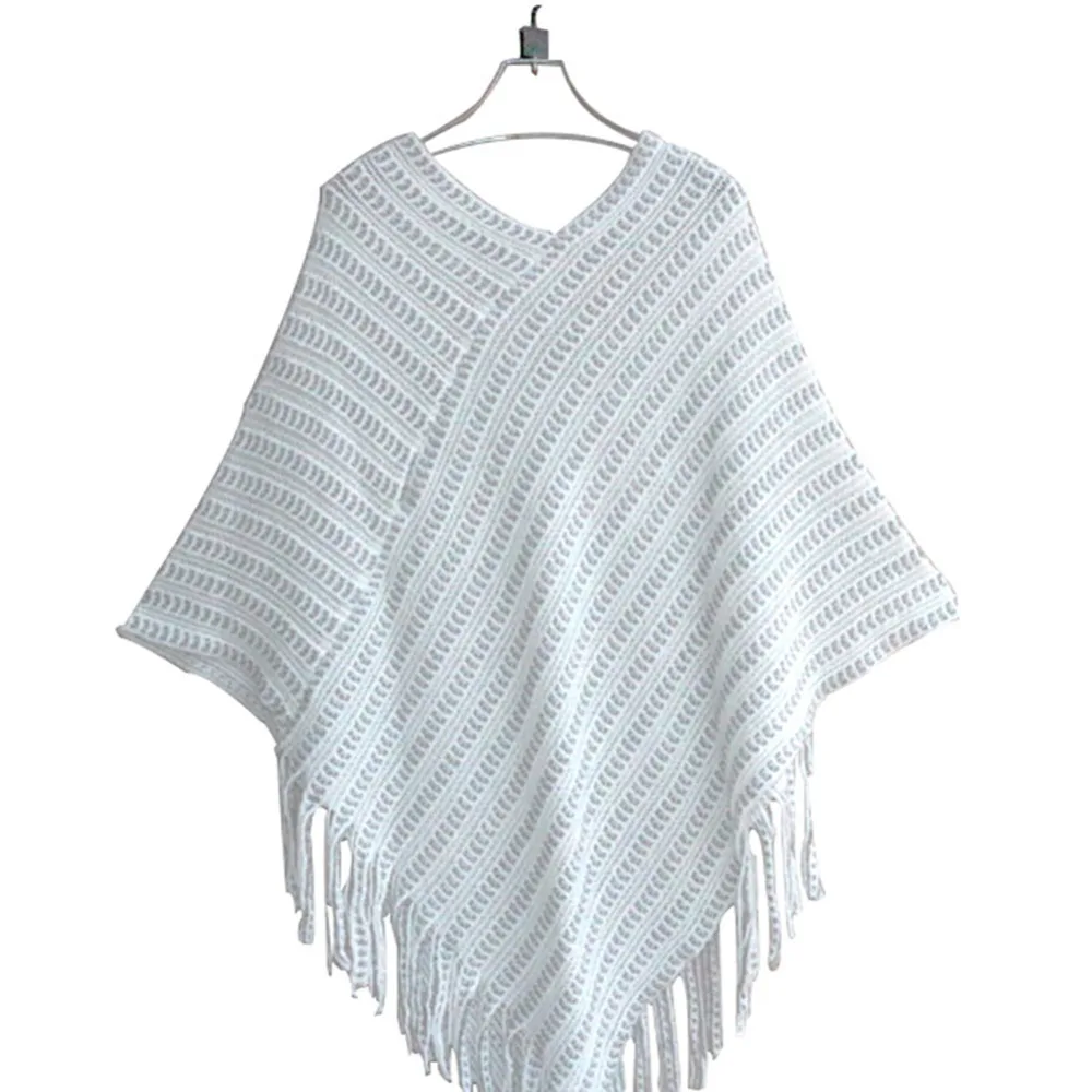

Womens Ladies Cape Coat Fringe Poncho Oblique Stripe Coat Bohemian Shawl Scarf