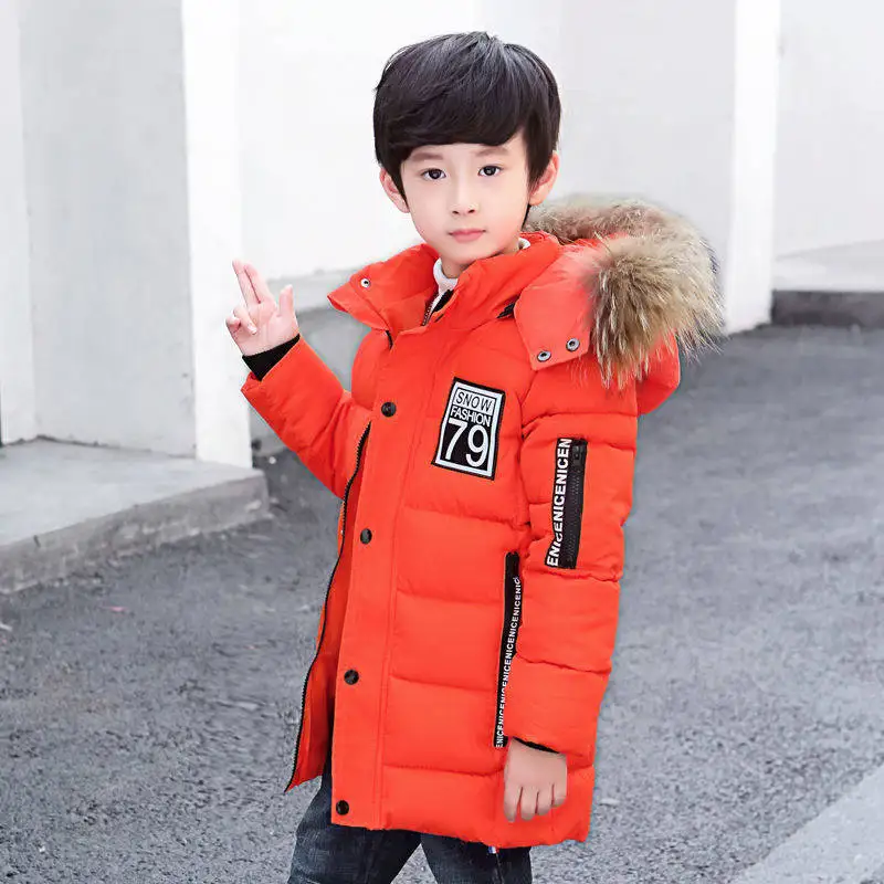 

Winter Polyester Jacket For Boy 2021 Korean Version Fashion Thicken Coat Mid-Length Hooded Fur Collar Slim Children's Clothing