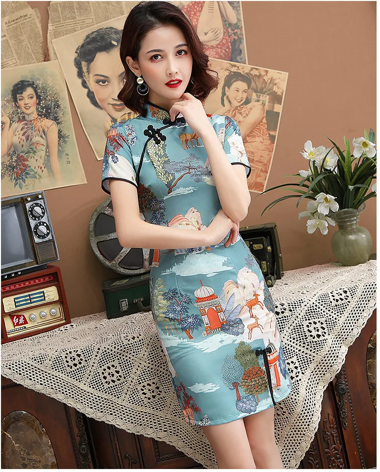 Sheng Coco Королевский синий Cheongsam платья короткий дизайн Лето Новинка Чонсам Qipao Китайский пасторальный стиль плотное платье XXL