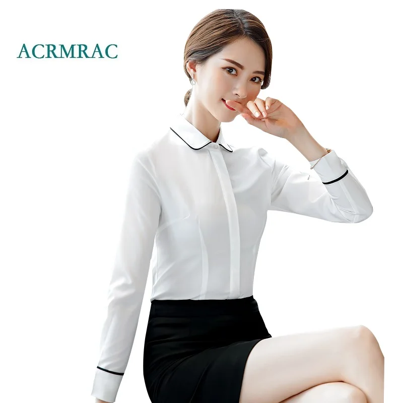 

ACRMRAC New Women shirt Spring and autumn summer Long sleeve Solid color Black bars Patchwork Slim Business OL Formal Blouses