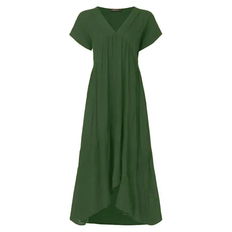 Армейский зеленый Fashion Tunic Midi Dress Women's Summer Sundress ZANZEA Sexy V Neck Asymmetrical Vestidos Female Plus Size Ruffle Robe - Цвет: Армейский зеленый