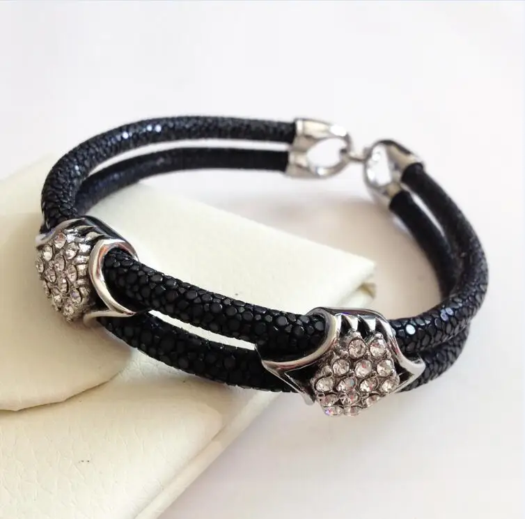 black silver Модные ювелирные изделия 5 мм черный синий ската браслет с высоким качеством 316L нержавеющая сталь Пряжка натуральная кожа браслет для мужчин - Окраска металла: black silver