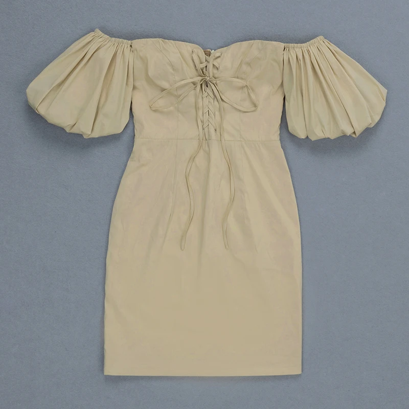 

2019 New Arrival Fashion Beige Ruffle Sleeve Mini Dress Women Summer Strapless Dress Celebrity Party Dress Vestidos Wholesale