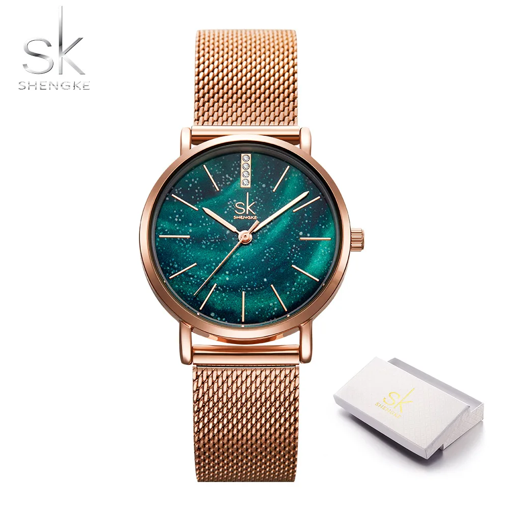green with box Shengke SK звездное небо часы женские часы зеленый циферблат модный стиль damen uhr кварцевые наручные часы сетчатый ремешок reloj femenino - Цвет: green with box