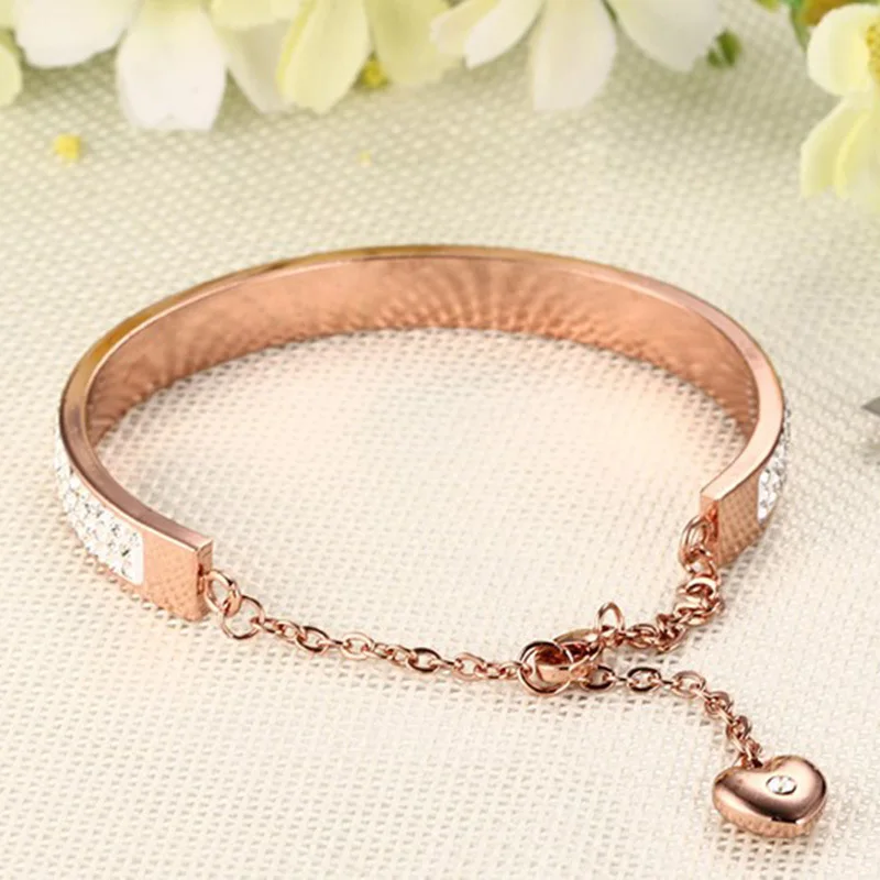 Vnox Elegant Rose Gold Color Crystal Rows Cuff Bangle for Women Charm Bracelet Stainless Steel Adjustable Wedding Party Jewelry | Украшения